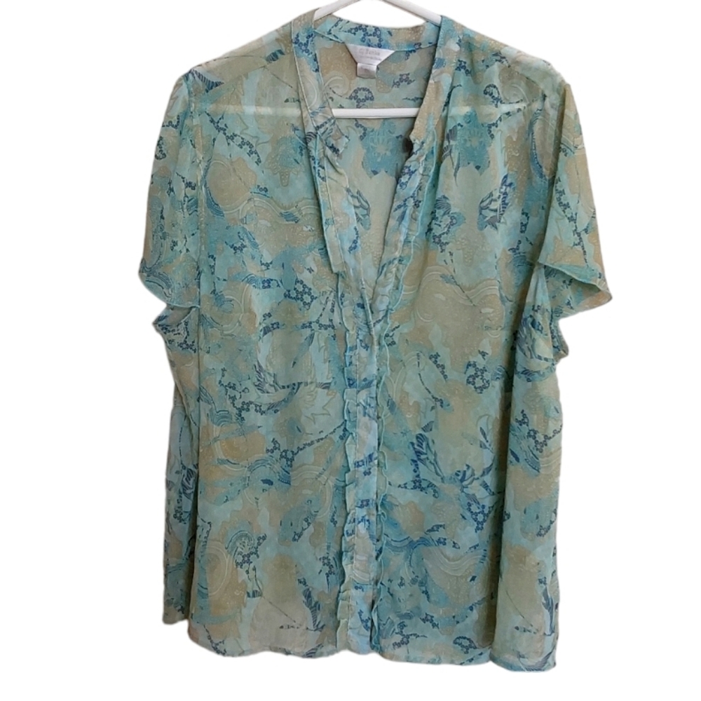 CJ Banks Sheer• Green Paisley & Floral Blouse
